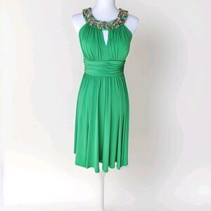 Suzi Chin Maggy Boutique‎ Green Beaded Halter Cocktail Dress Size 2 Ruched Sash